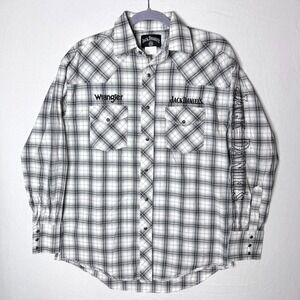 Wrangler Jack Daniels Shirt Mens M Gray Plaid Embroidered Bar Whiskey Pearl Snap